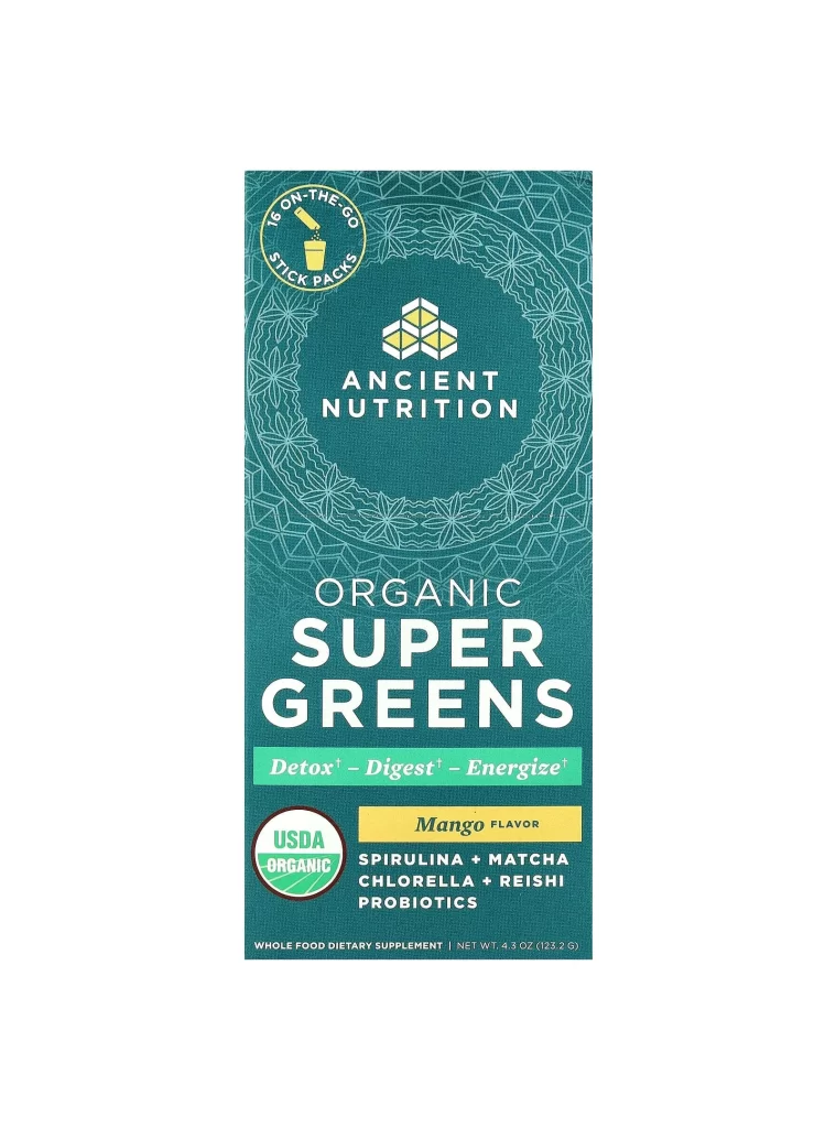 Ancient Nutrition Organic Super Greens Mango Stick Packs . Greens Supplement Packaging