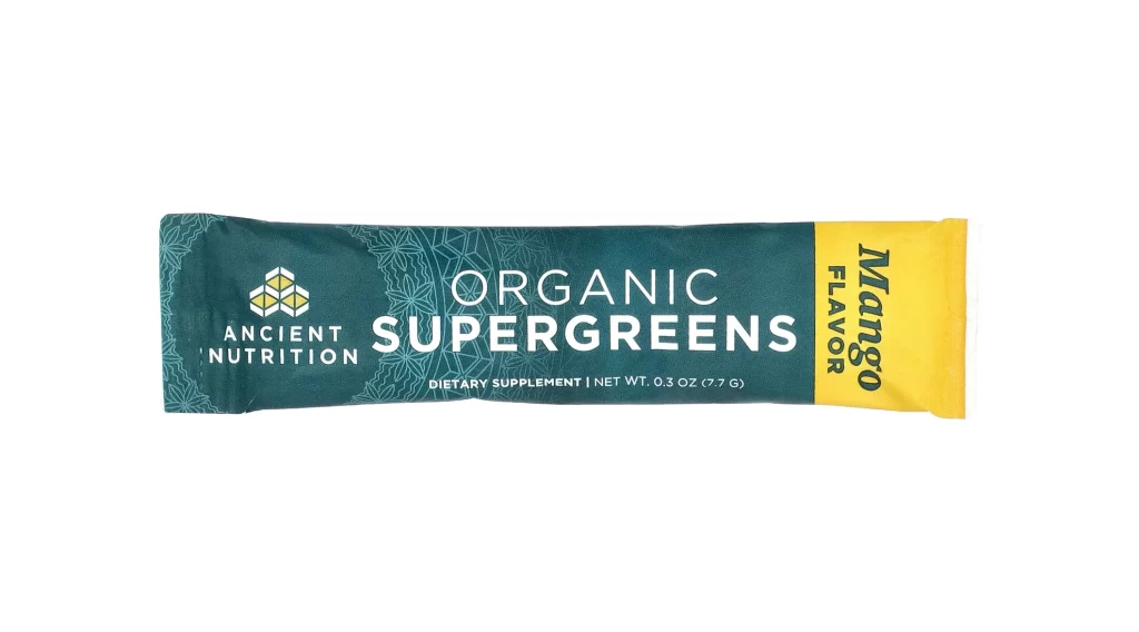 Ancient Nutrition Organic Super Greens Mango Stick Packs . Greens Supplement Packaging
