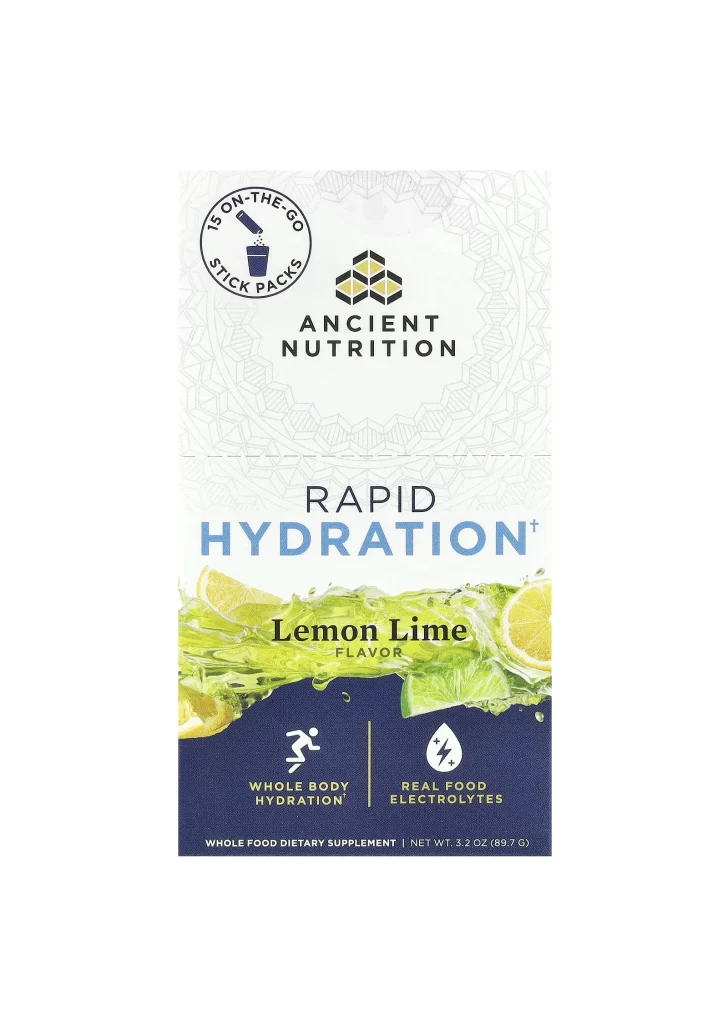 Ancient Nutrition Rapid Hydration Lemon Lime Stick Packs and Hydration Supplement Packaging