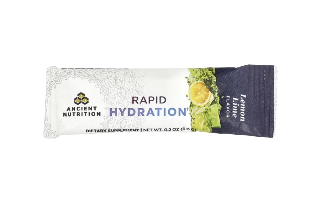 Ancient Nutrition Rapid Hydration Lemon Lime Stick Packs and Hydration Supplement Packaging