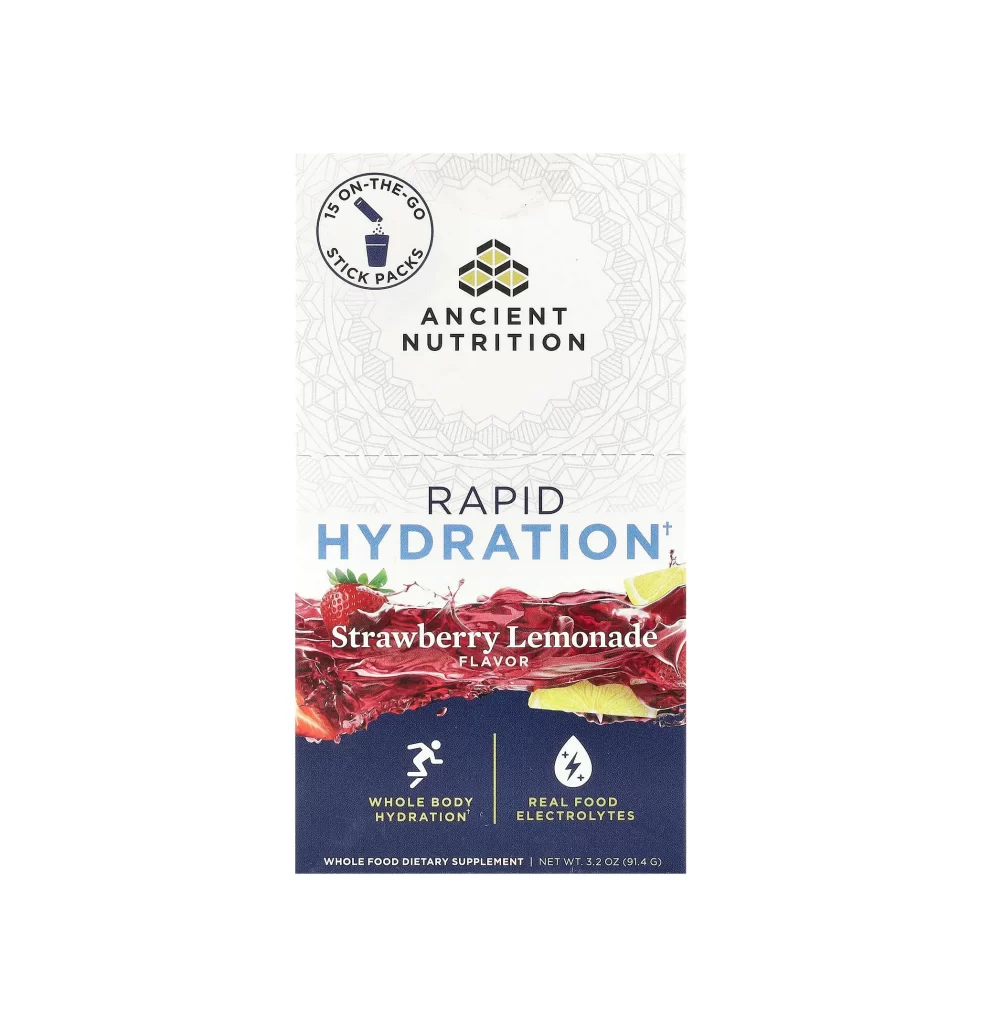 Ancient Nutrition Rapid Hydration Strawberry Lemonade Stick Packs Hydration Supplement Packaging
