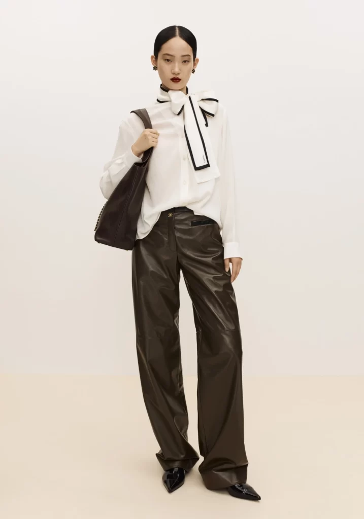 Chanel Shirt with Bow Tie and Leather Pants White Black Lookbook Photography