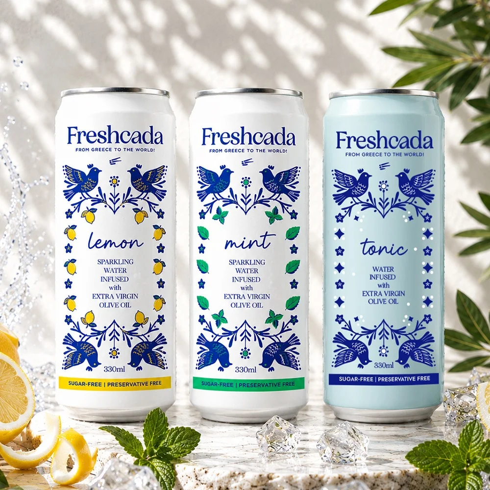 Freshcada Sparkling water infused with extra virgin olive oil Packaging