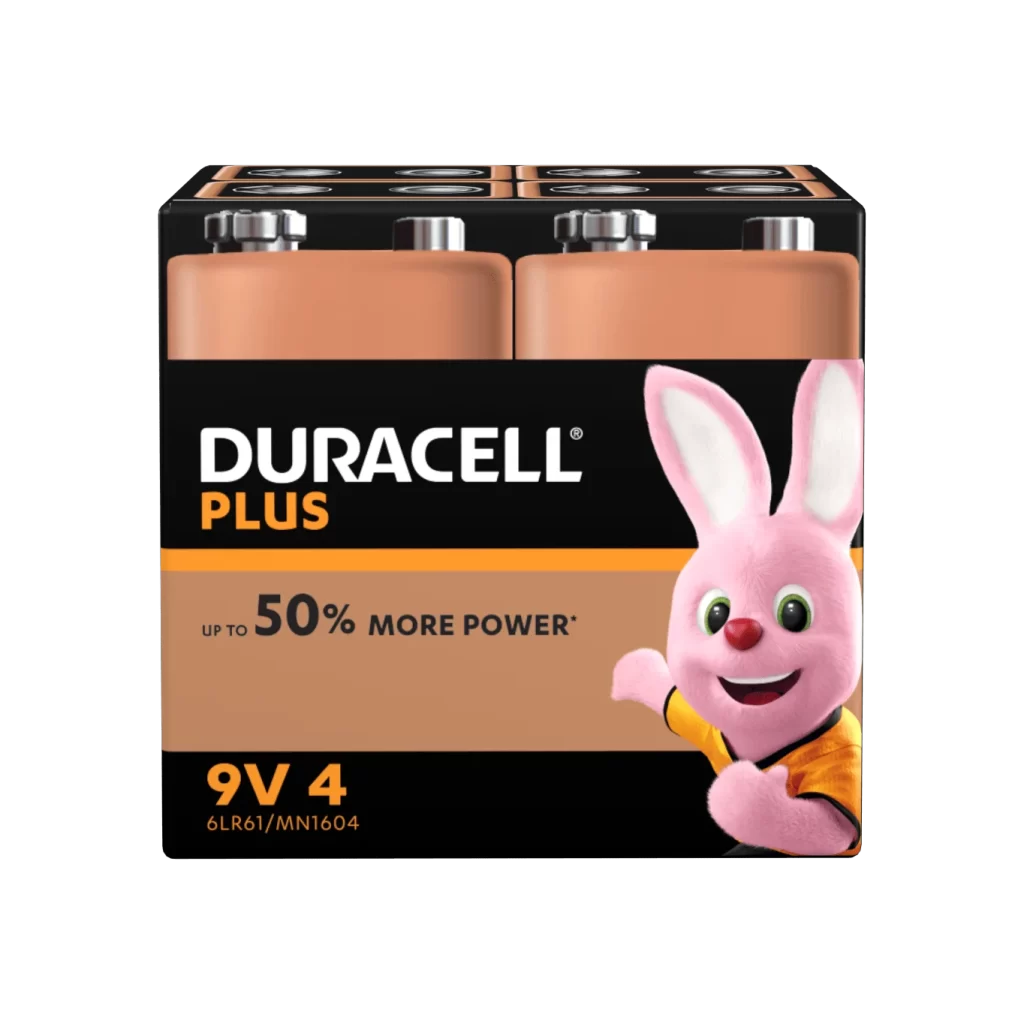 Duracell Plus Power 9V Battery 4 Pack Packaging