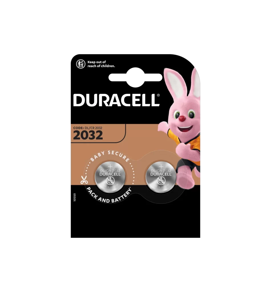 Duracell Lithium Coin CR2032 Battery 2 Pack Packaging