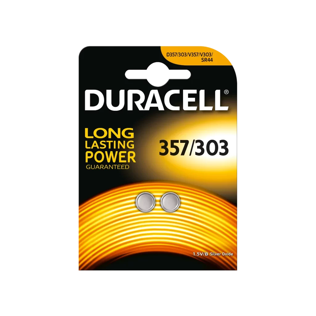 Duracell Specialty 357/303 Battery 2 Pack Packaging