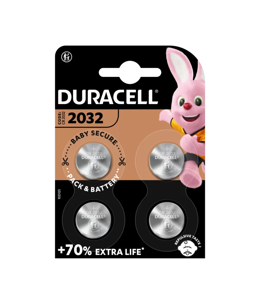 Duracell Lithium Coin CR2032 Battery 4 Pack Packaging