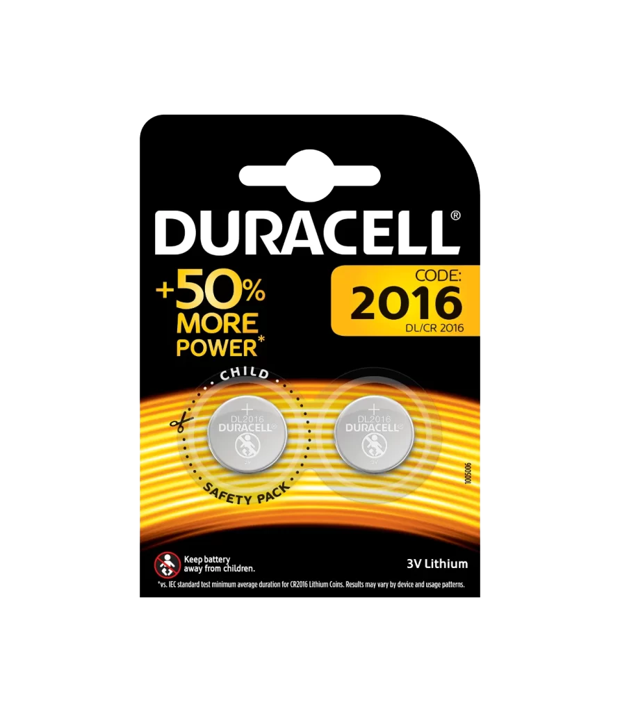 Duracell Lithium Coin CR2016 Battery 2 Pack Packaging