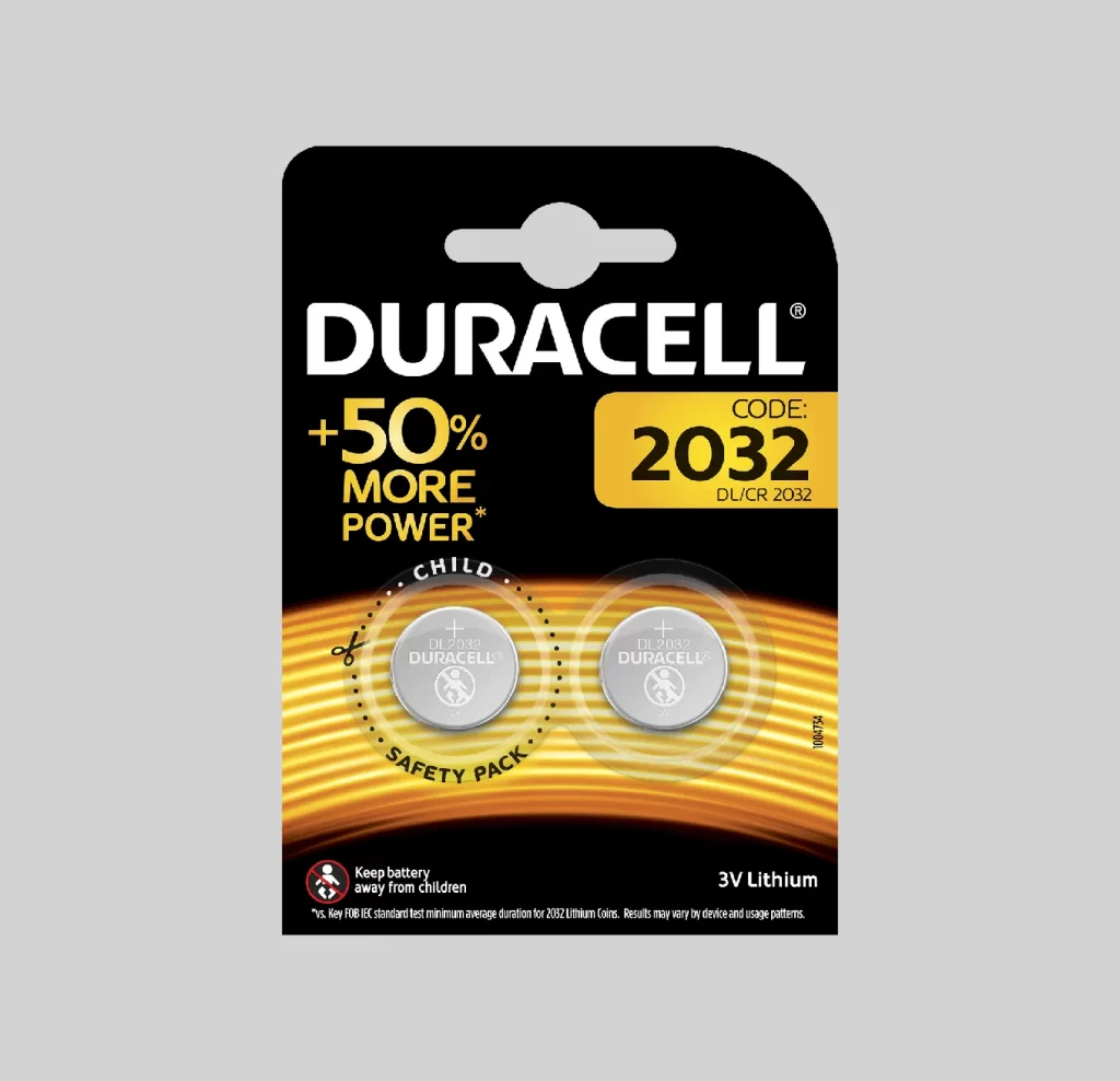 Duracell Lithium Coin CR2032 Battery 2 Pack Packaging