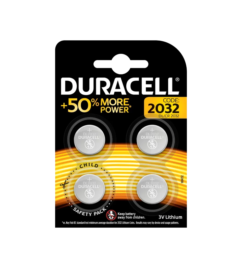 Duracell Lithium Coin CR2032 Battery 4 Pack Packaging