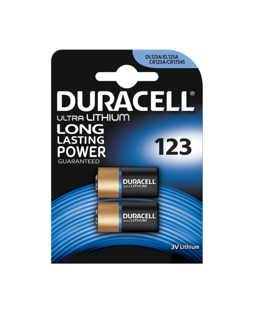 Duracell Lithium CR123A Battery 2 Pack Packaging