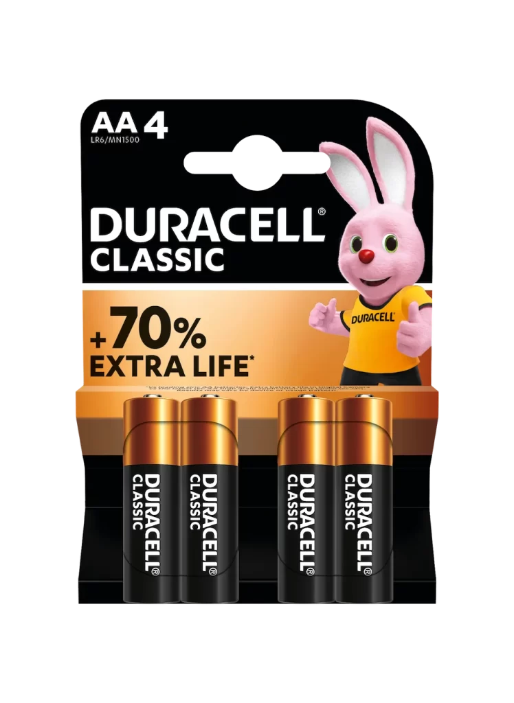 Duracell Classic AA Battery 4 Pack Packaging