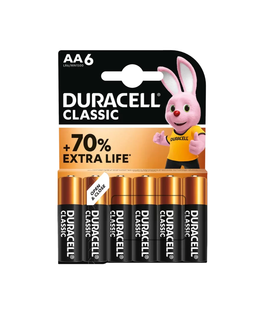 Duracell Classic AA Battery 6 Pack Packaging