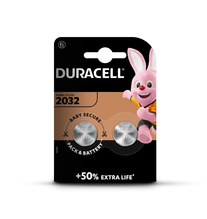 Duracell Lithium Coin CR2032 Battery 2 Pack Packaging