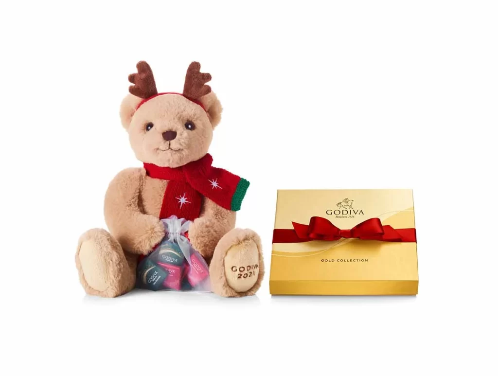 Godiva 2022 Holiday Plush Bear with Assorted Chocolate Gold Gift Box Red Ribbon 19 pc Packaging
