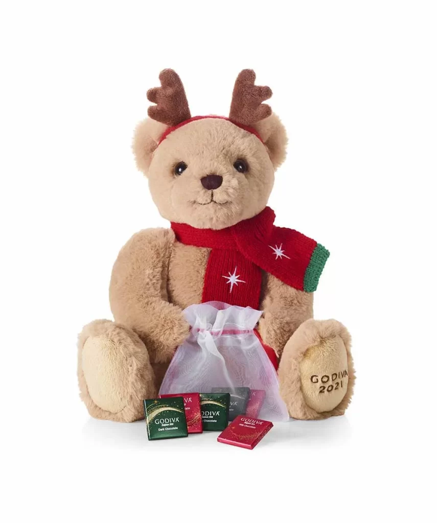 Godiva 2022 Holiday Plush Bear with Assorted Chocolate Gold Gift Box Red Ribbon 19 pc Packaging