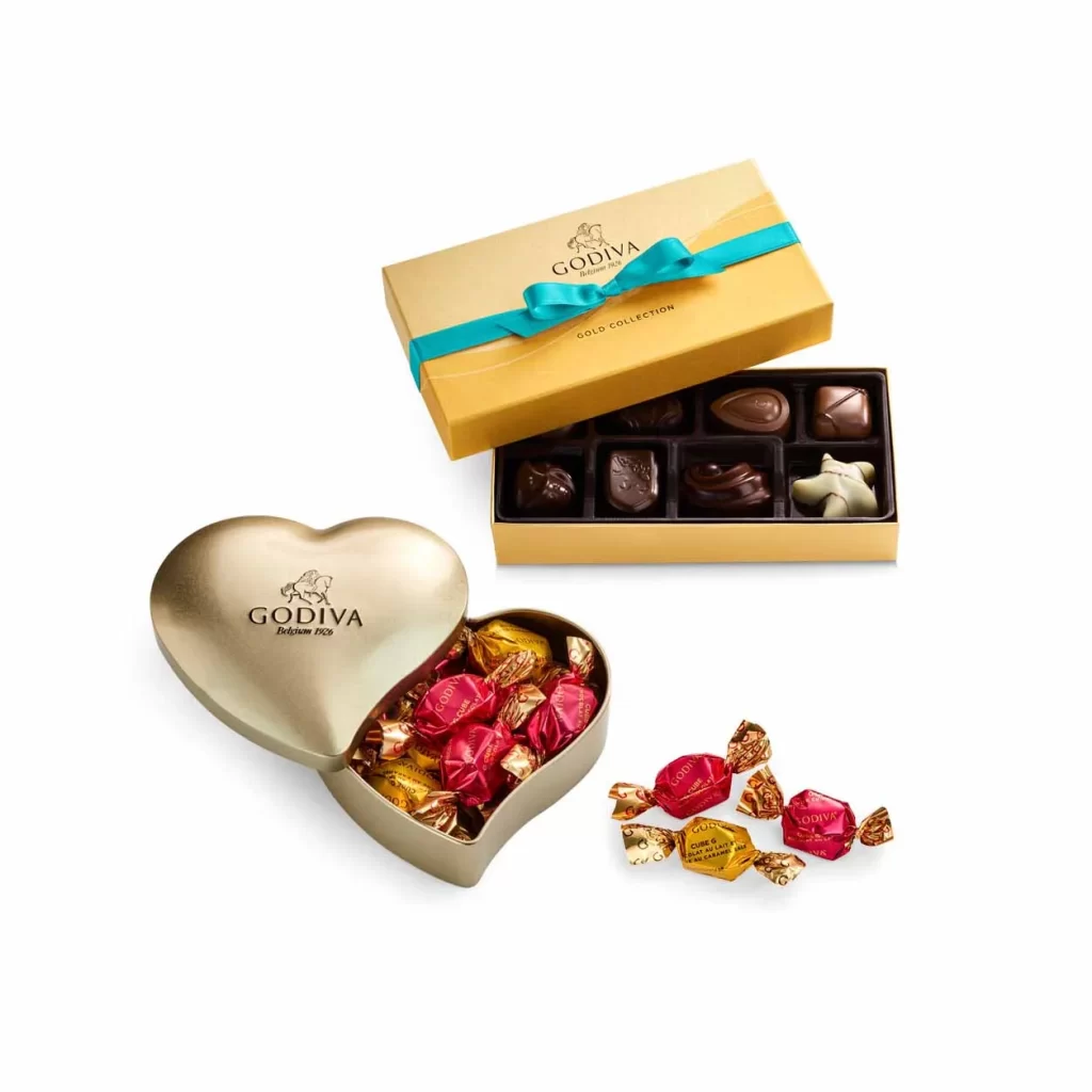 Godiva Assorted Chocolate Gift Box Spring Ribbon 8 pc with Gold Heart Tin 12 pc Packaging