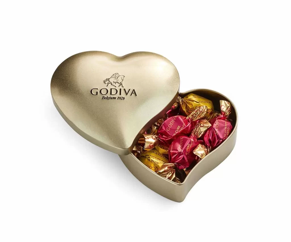 Godiva Assorted Chocolate Gift Box Spring Ribbon 8 pc with Gold Heart Tin 12 pc Packaging