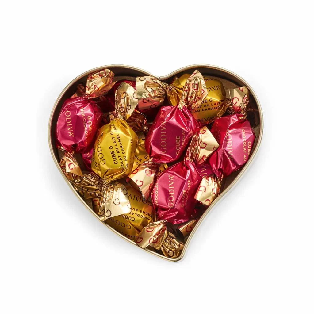 Godiva Assorted Chocolate Gift Box Spring Ribbon 8 pc with Gold Heart Tin 12 pc Packaging
