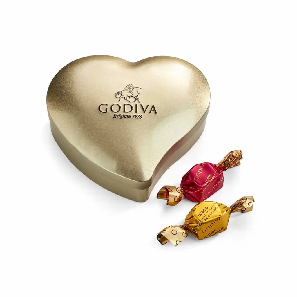 Godiva Assorted Chocolate Gift Box Spring Ribbon 8 pc with Gold Heart Tin 12 pc Packaging