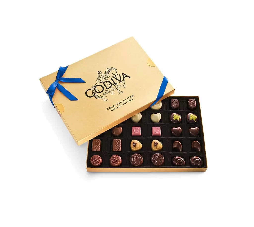 Godiva Assorted Chocolate Gold Gift Box Blue Ribbon 30 pc Packaging
