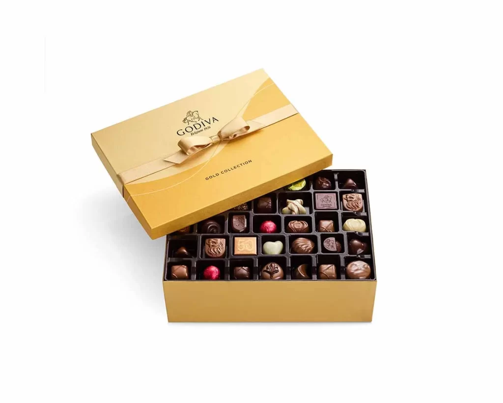 Godiva Assorted Chocolate Gold Gift Box Gold Ribbon 105 pc Packaging