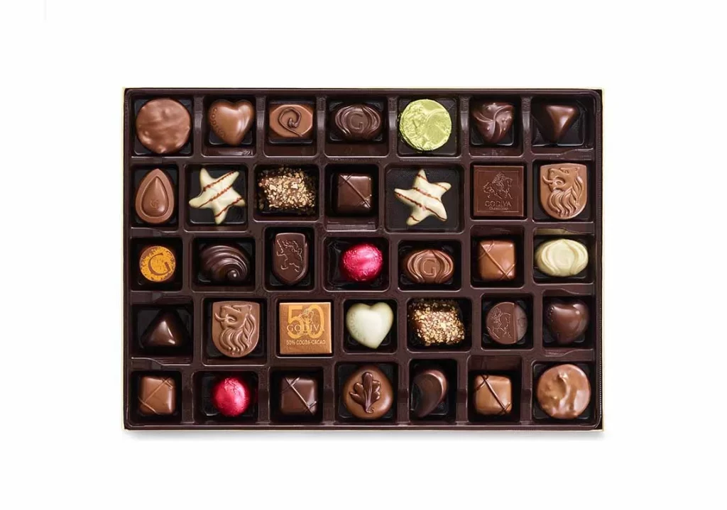 Godiva Assorted Chocolate Gold Gift Box Gold Ribbon 105 pc Packaging