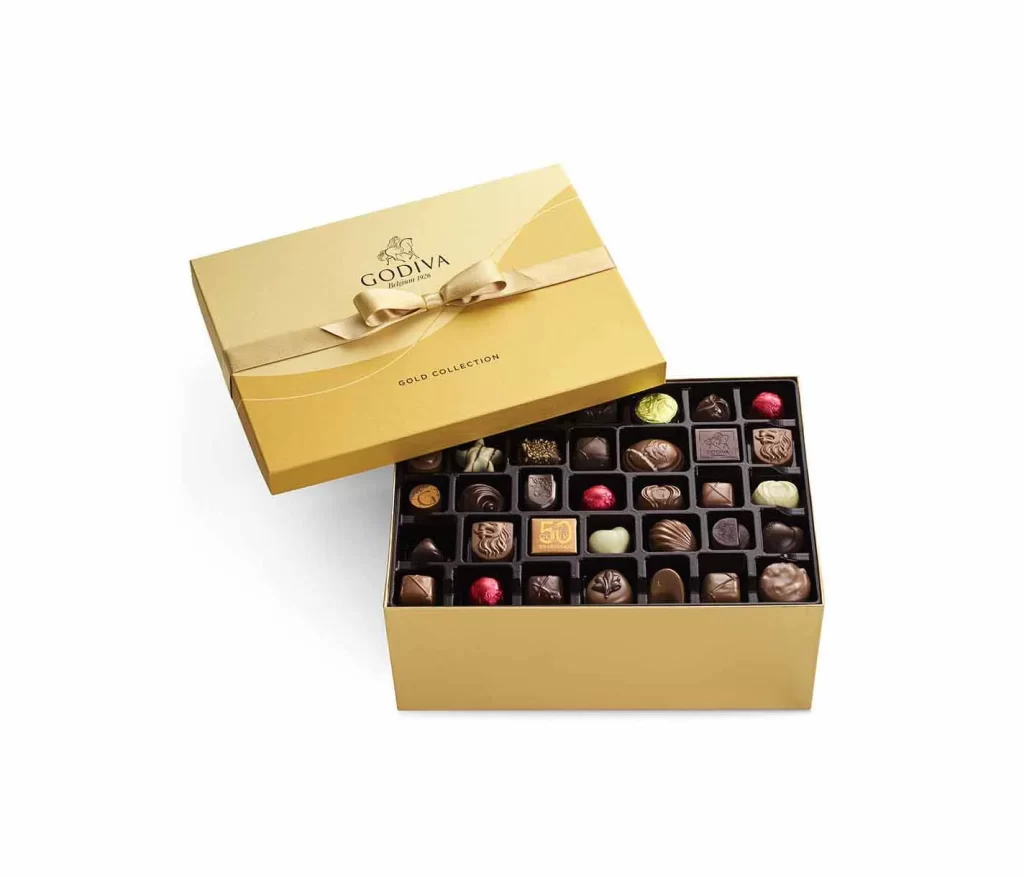 Godiva Assorted Chocolate Gold Gift Box Gold Ribbon 140 pc Packaging