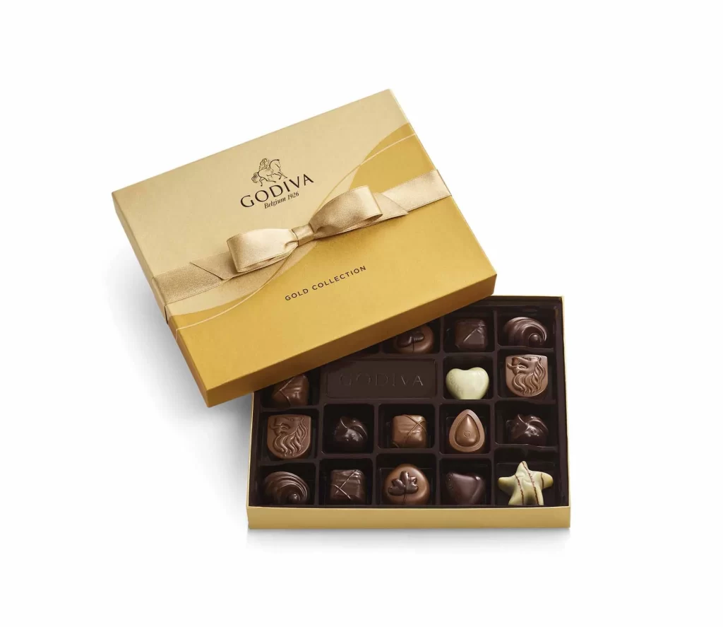 Godiva Assorted Chocolate Gold Gift Box Gold Ribbon 18 pc Packaging