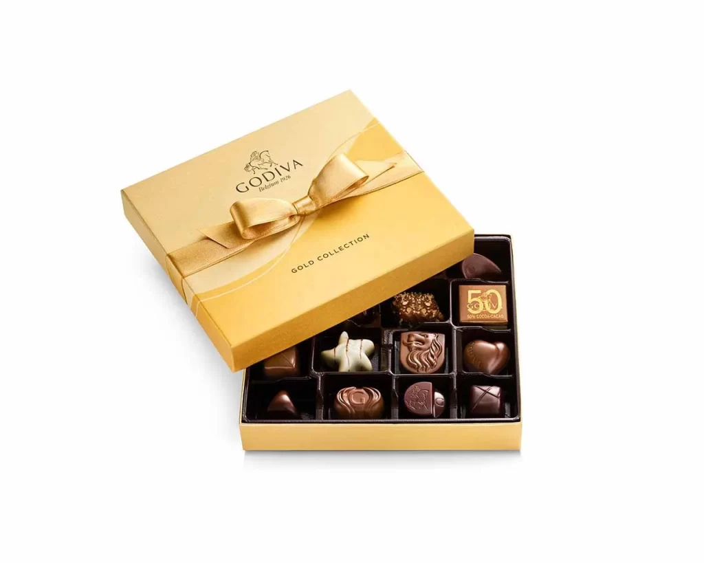 Godiva Assorted Chocolate Gold Gift Box Gold Ribbon 19 pc Packaging