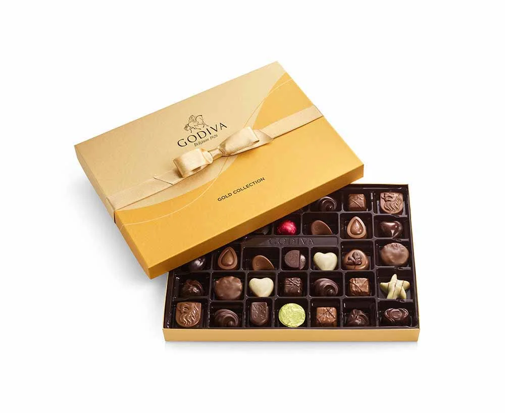 Godiva Assorted Chocolate Gold Gift Box Gold Ribbon 36 pc Packaging