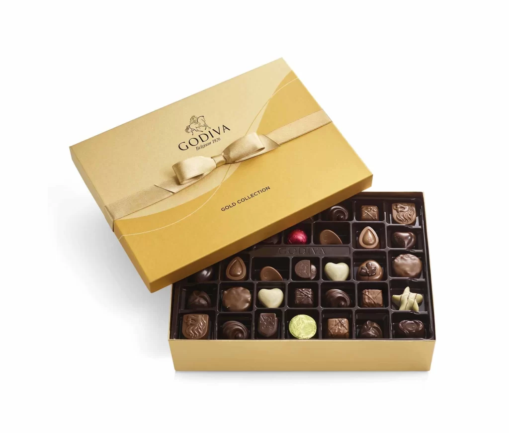 Godiva Assorted Chocolate Gold Gift Box Gold Ribbon 72 pc Packaging