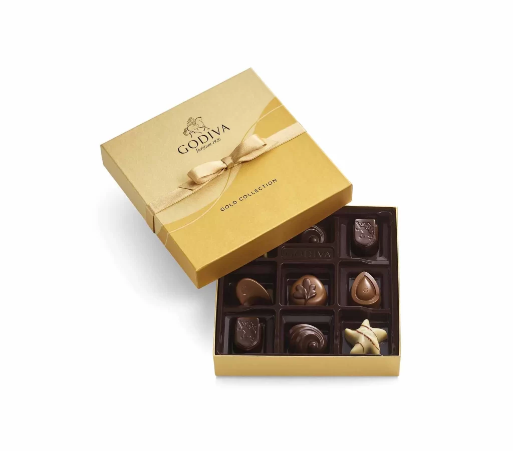 Godiva Assorted Chocolate Gold Gift Box Gold Ribbon 9 pc Packaging