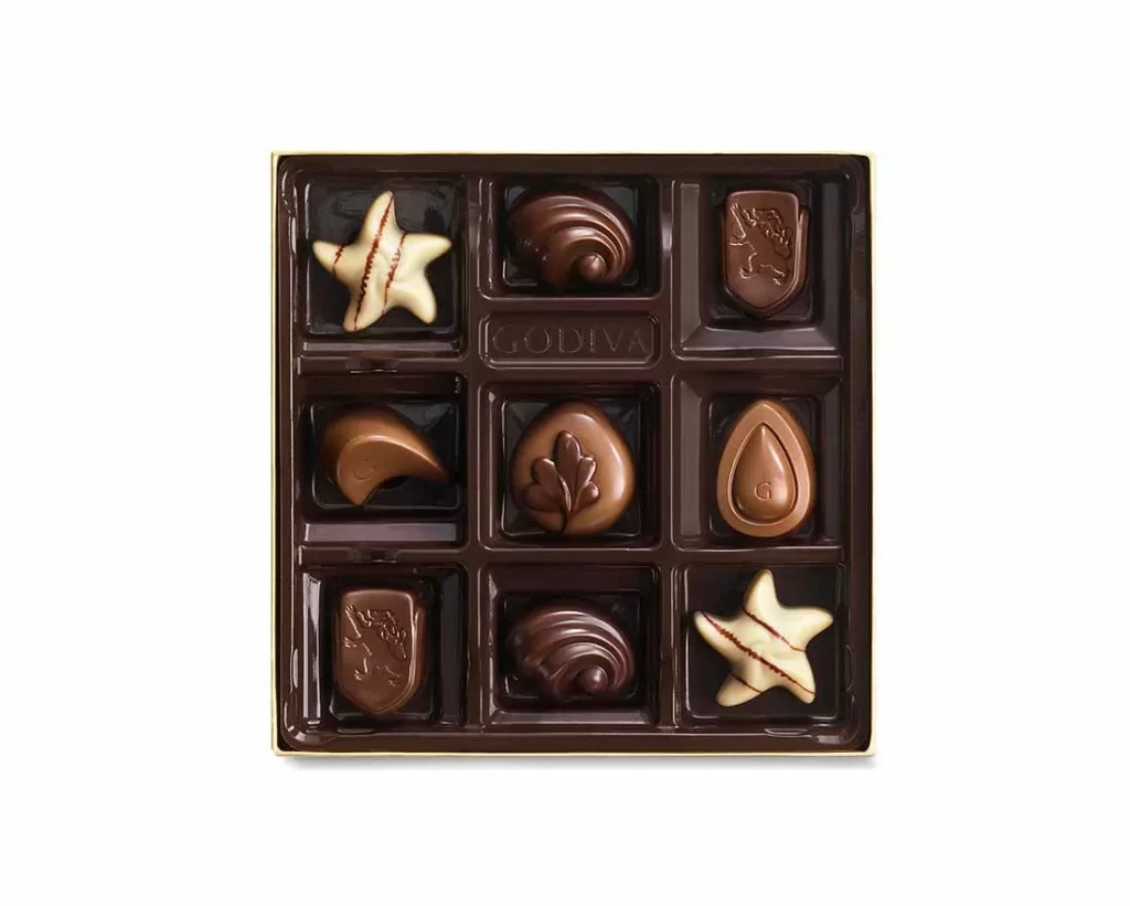 Godiva Assorted Chocolate Gold Gift Box Gold Ribbon 9 pc Packaging