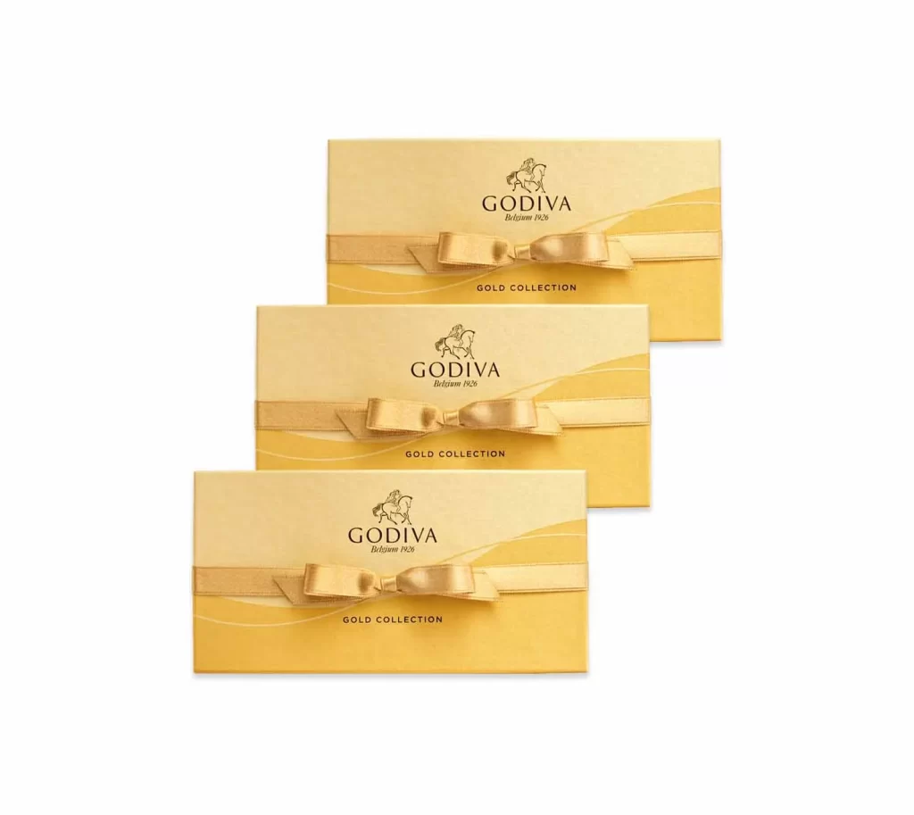 Godiva Assorted Chocolate Gold Gift Box Gold Ribbon Set of 3 8 pc each Packaging