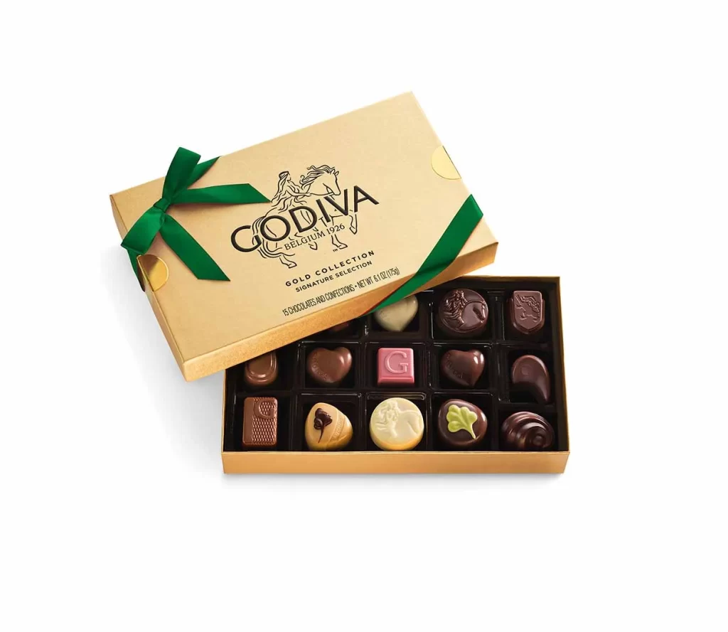Godiva Assorted Chocolate Gold Gift Box Green Ribbon 15 pc Packaging