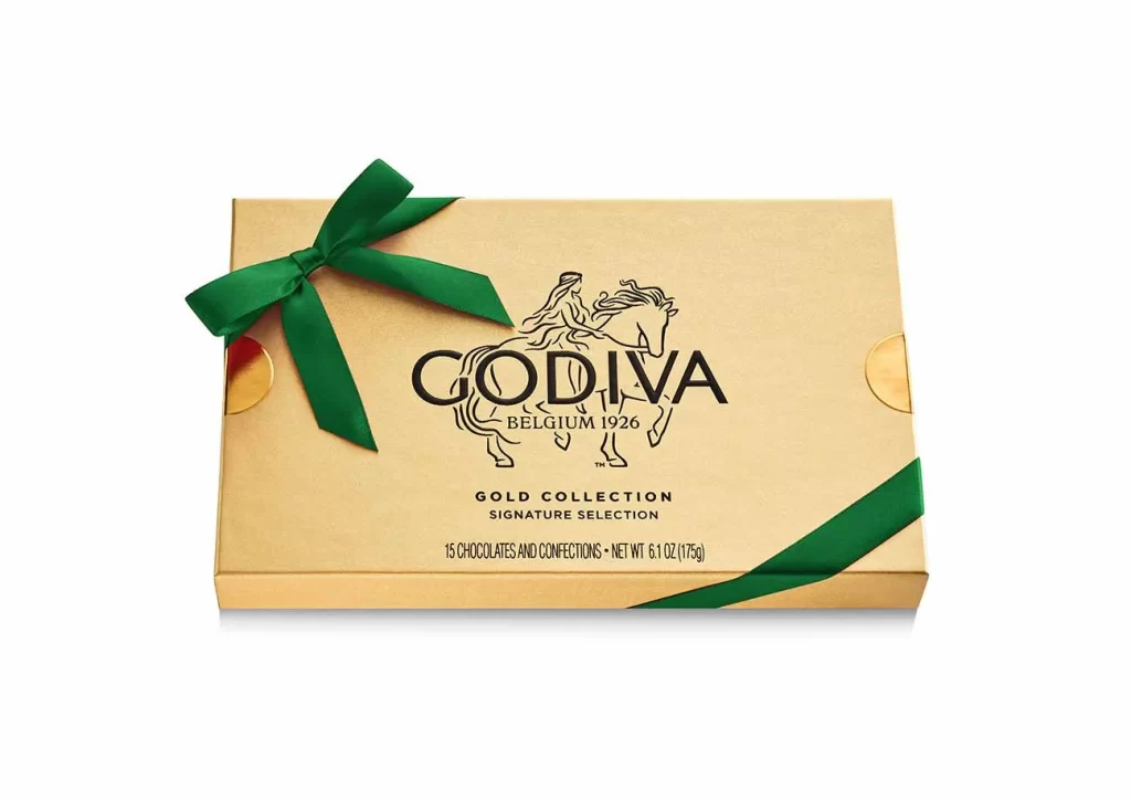 Godiva Assorted Chocolate Gold Gift Box Green Ribbon 15 pc Packaging