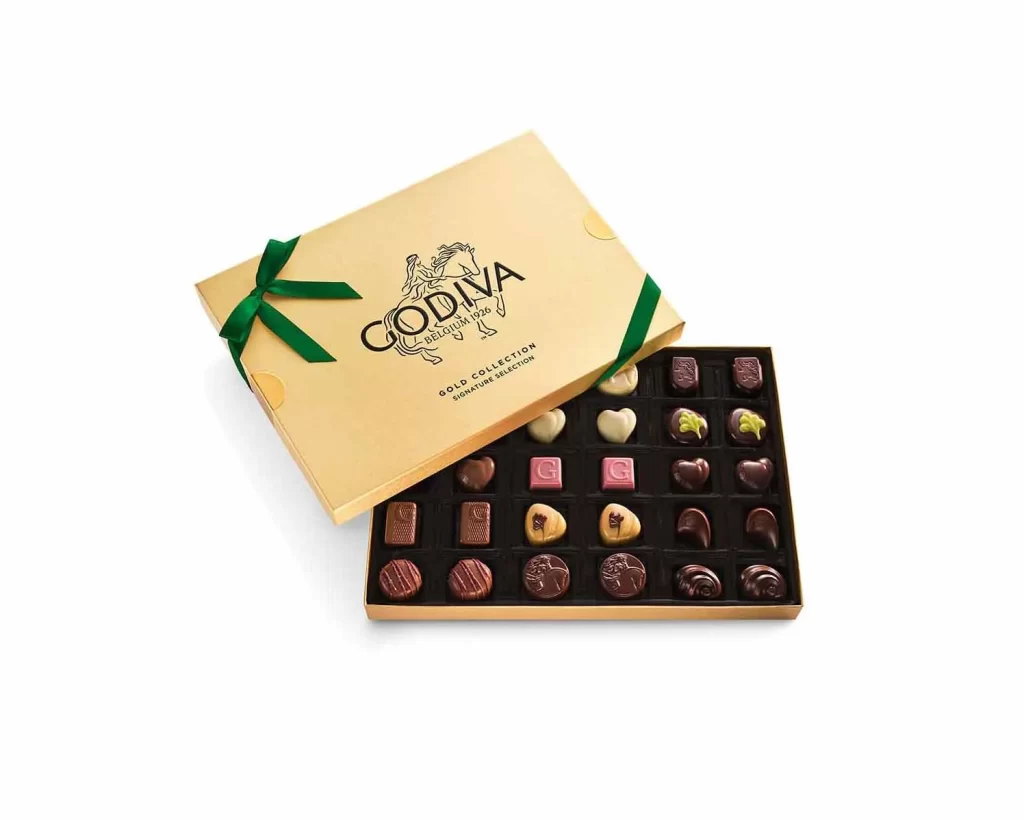 Godiva Assorted Chocolate Gold Gift Box Green Ribbon 30 pc Packaging