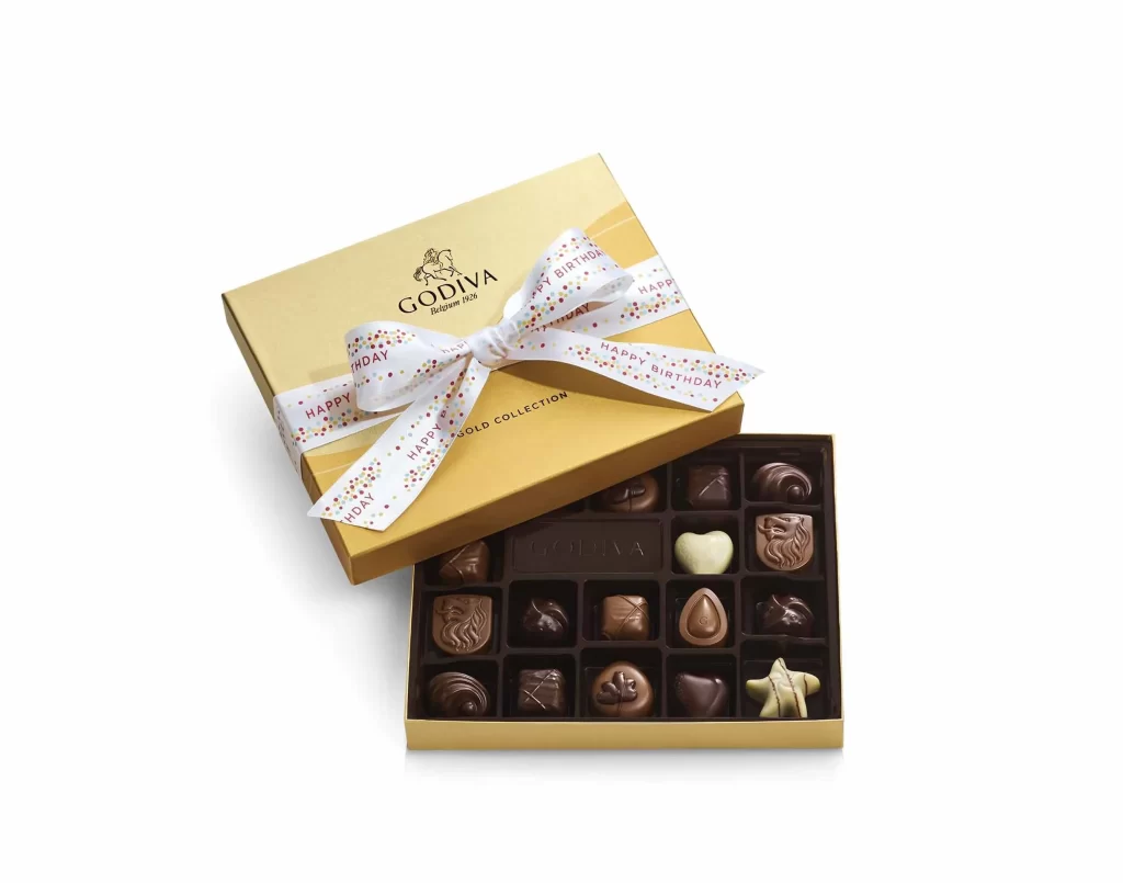 Godiva Assorted Chocolate Gold Gift Box Happy Birthday Ribbon 18 pc Packaging