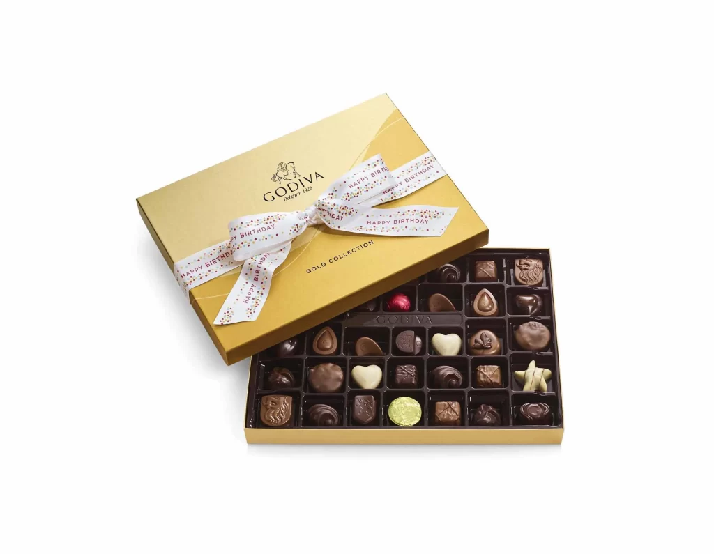 Godiva Assorted Chocolate Gold Gift Box Happy Birthday Ribbon 36 pc Packaging