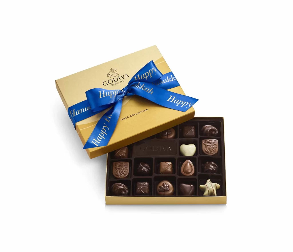 Godiva Assorted Chocolate Gold Gift Box Happy Hanukkah Ribbon 18 pc Packaging