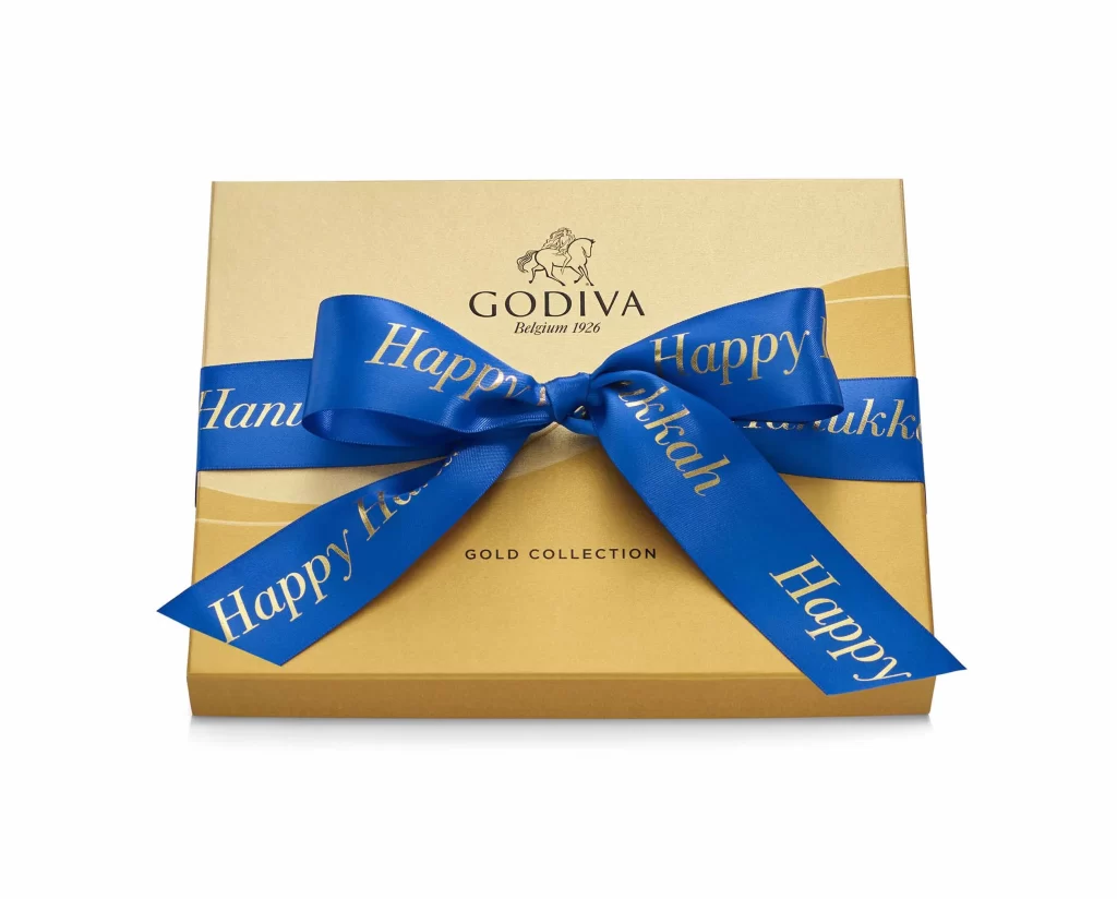 Godiva Assorted Chocolate Gold Gift Box Happy Hanukkah Ribbon 18 pc Packaging