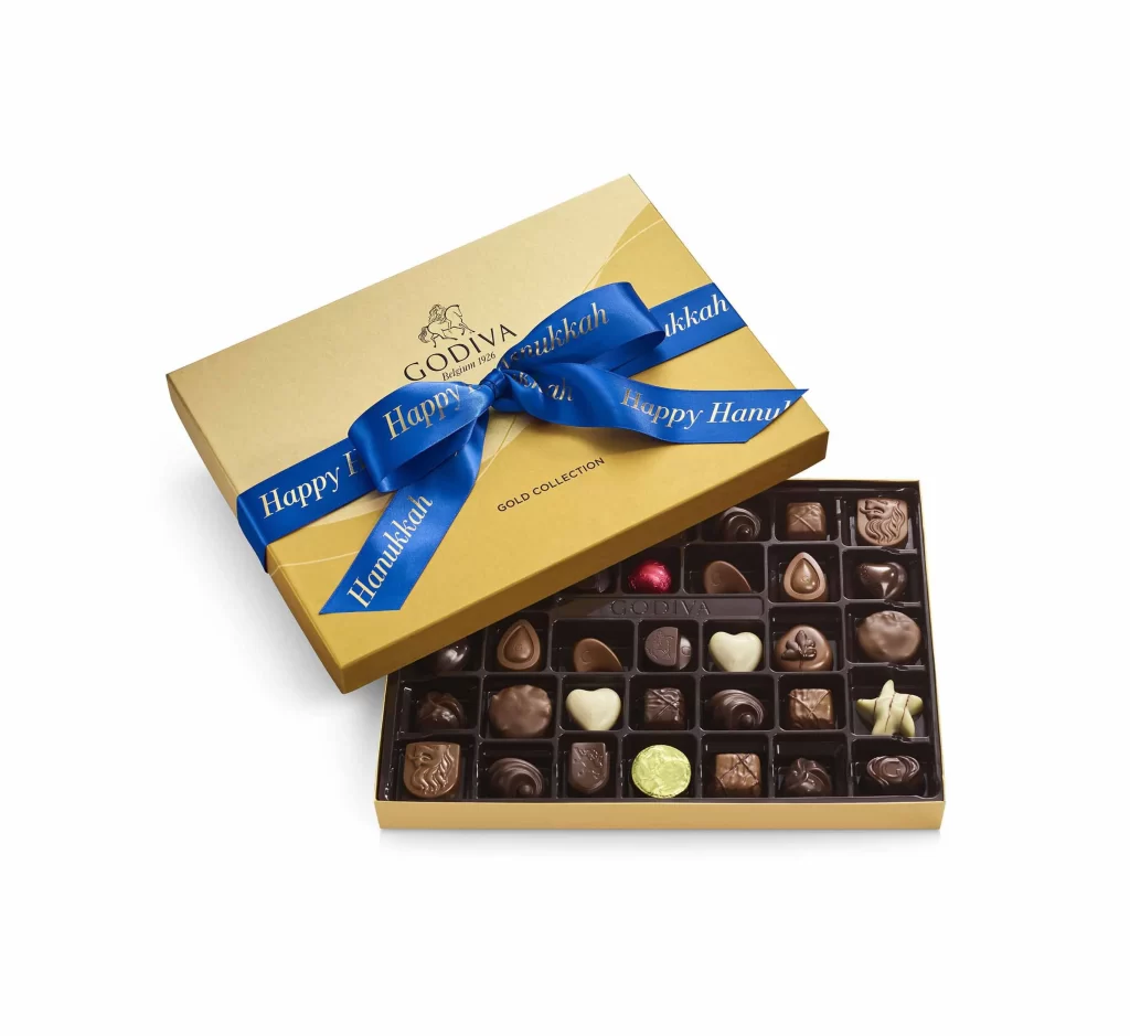 Godiva Assorted Chocolate Gold Gift Box Happy Hanukkah Ribbon 36 pc Packaging