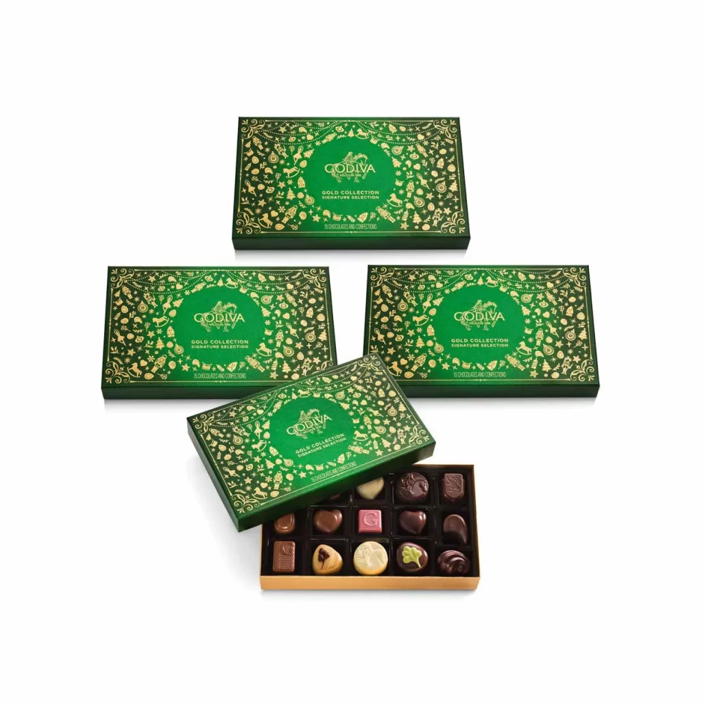Godiva Assorted Chocolate Gold Gift Box Holiday Edition 15 pc Set of 4 Packaging