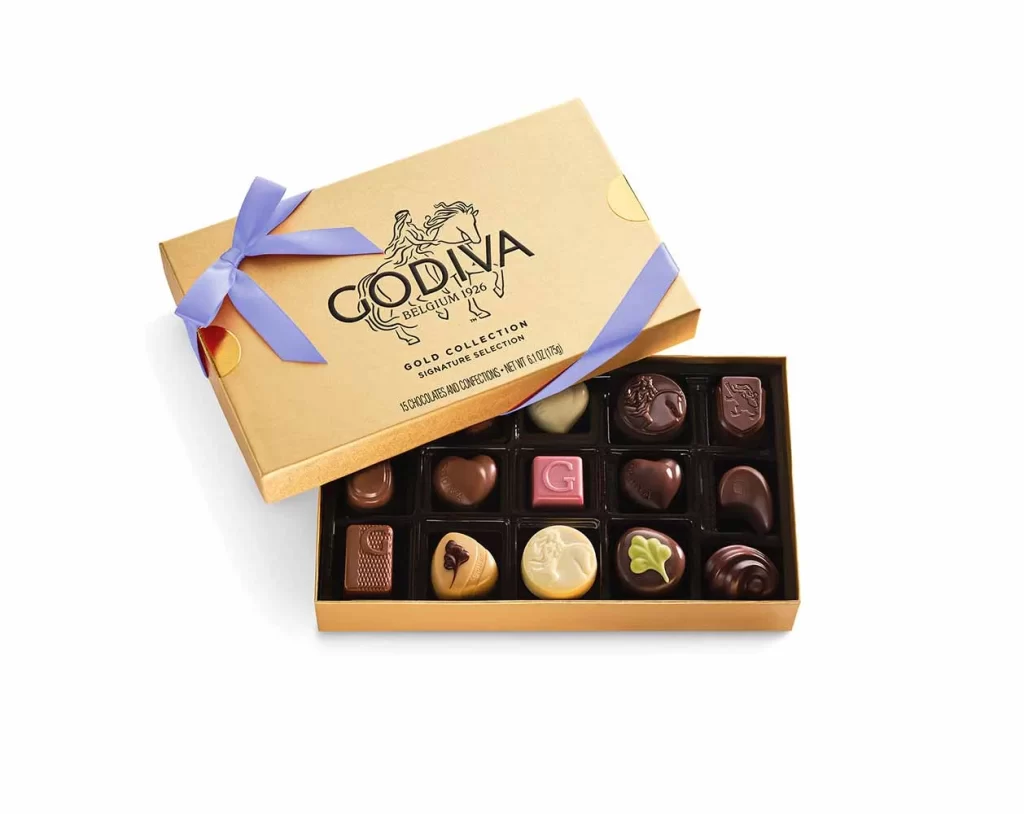 Godiva Assorted Chocolate Gold Gift Box Iris Ribbon 15 pc Packaging
