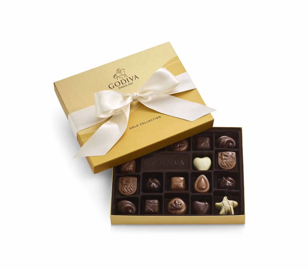 Godiva Assorted Chocolate Gold Gift Box Ivory Ribbon 18 pc Packaging