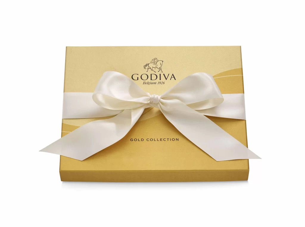 Godiva Assorted Chocolate Gold Gift Box Ivory Ribbon 18 pc Packaging