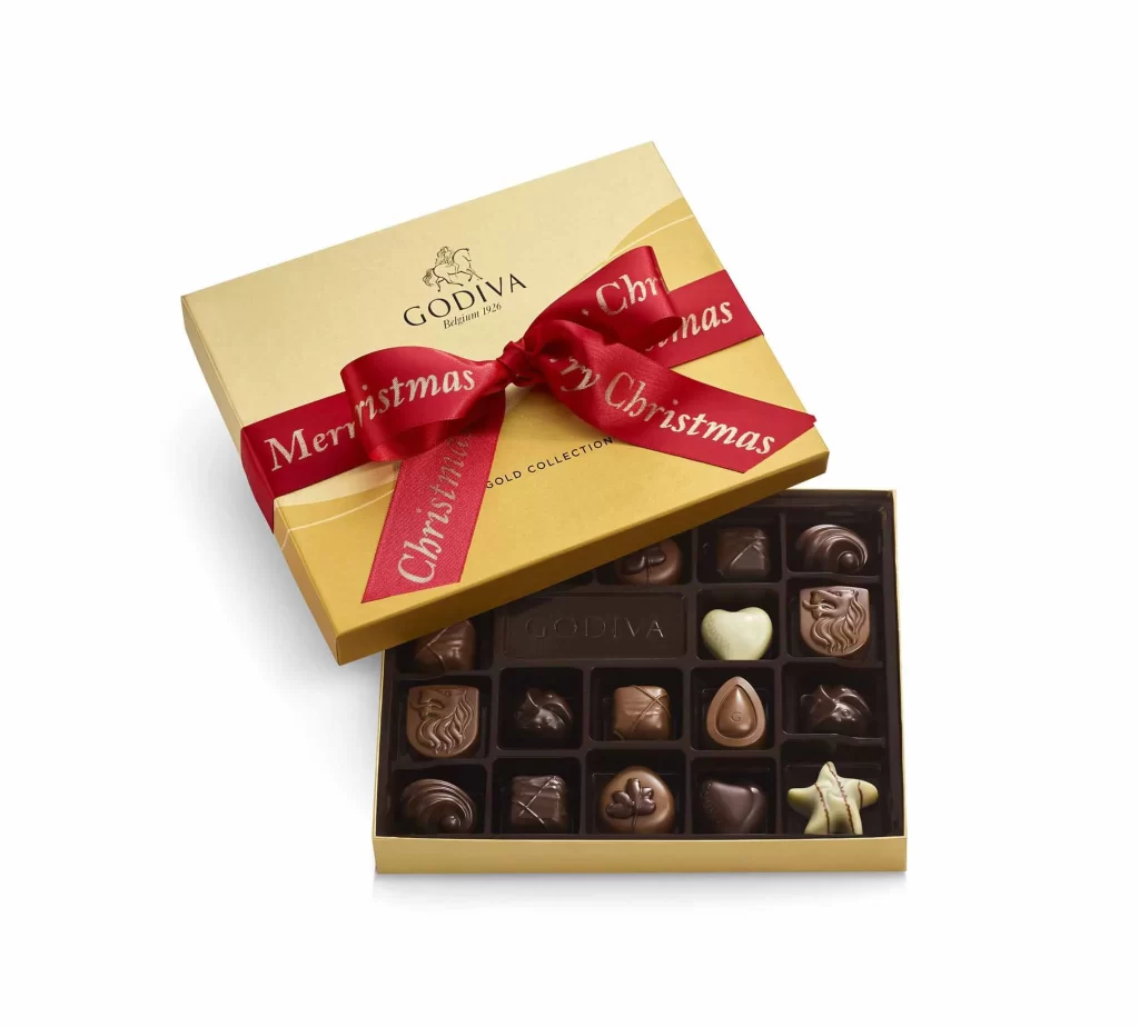 Godiva Assorted Chocolate Gold Gift Box Merry Christmas Ribbon 18 pc Packaging