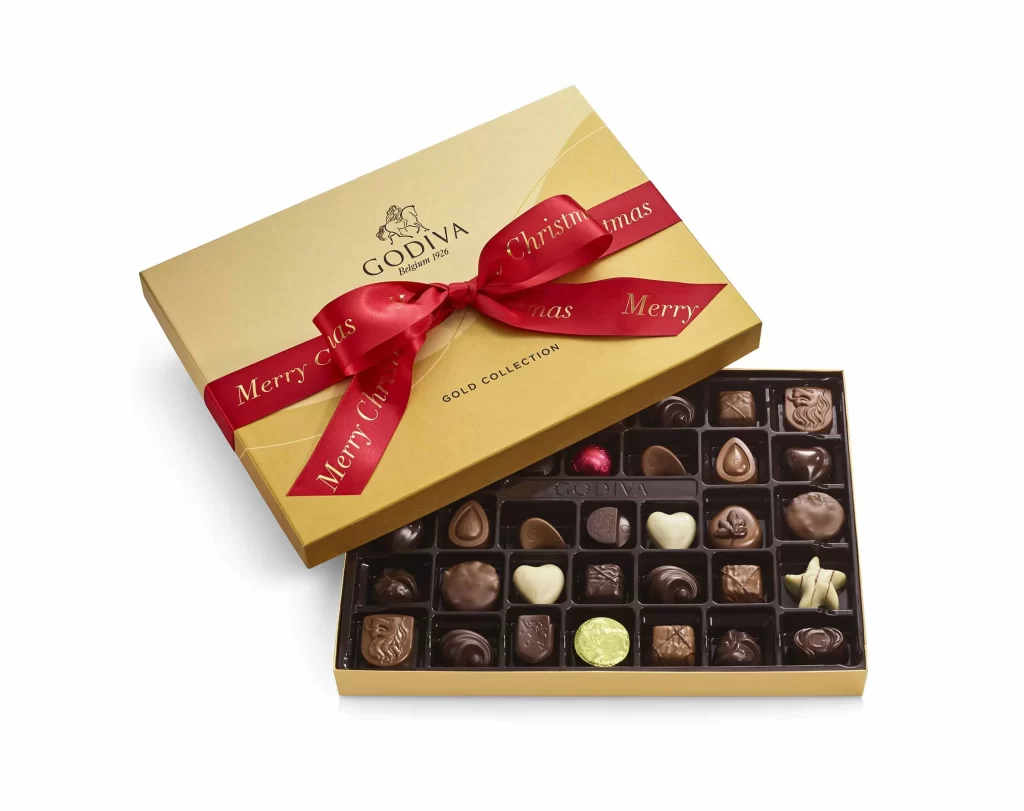 Godiva Assorted Chocolate Gold Gift Box Merry Christmas Ribbon 36 pc Packaging