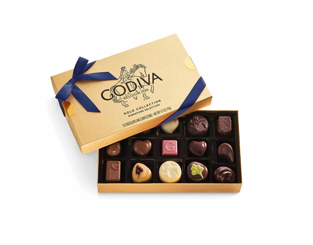 Godiva Assorted Chocolate Gold Gift Box Navy Ribbon 15 pc Packaging